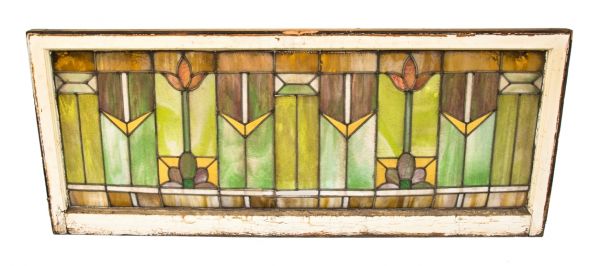 early 20th century antique american salvaged chicago prairie school style richly colored residential stained glass transom window with original pine wood sash frame