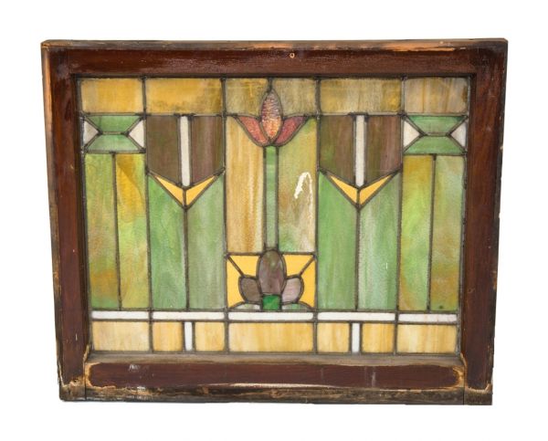 all original and intact antique american salvaged chicago prairie school style richly colored residential stained glass transom window with original pine wood sash frame