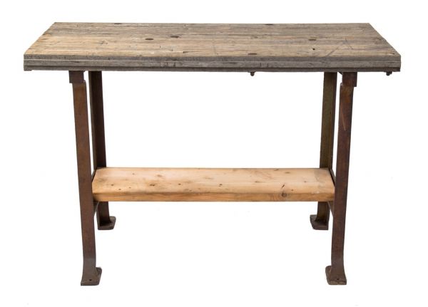 repurposed vintage american industrial salvaged chicago factory machine shop workbench with undershelf and solid oak wood boxcar floor table top  