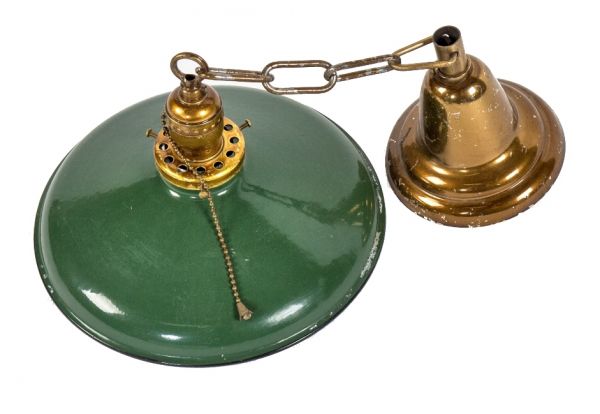 single original c. 1920's antique american chicago factory office green porcelain enameled pendant light fixture with chain and tapered spun brass canopy
