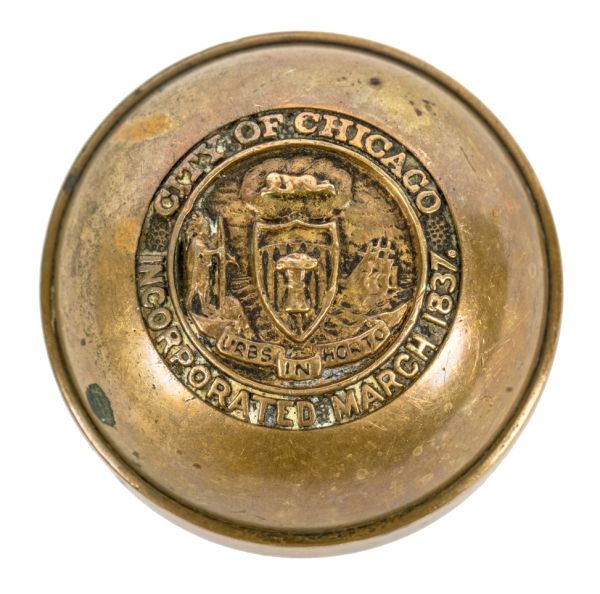 highly sought after original and intact nicely aged banded rim 1886 chicago city hall and county building emblematic doorknob designed by architect james egan 