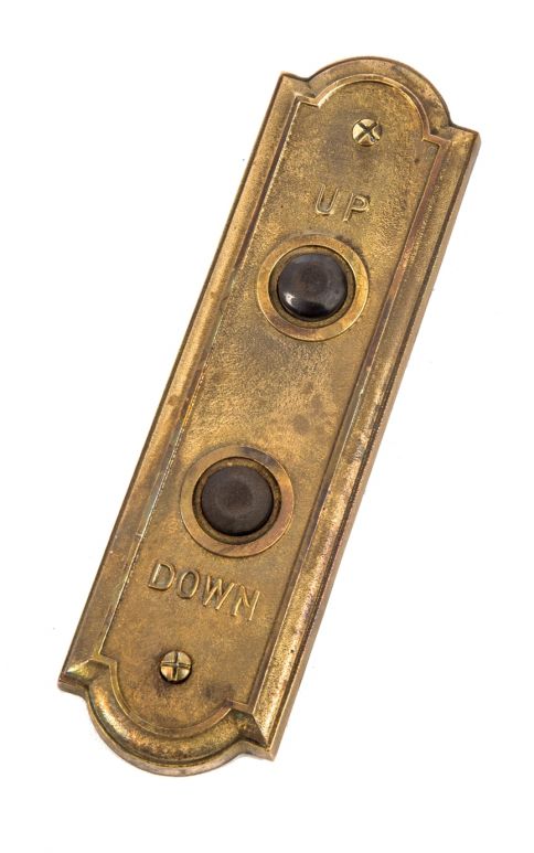 original early 20th century nicely aged cast bronze salvaged chicago commercial building elevator "up" and "down" car or cab call backplate with intact push buttons