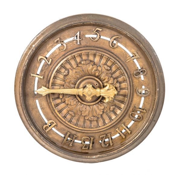 one of two matching ornamental plated iron late 19th century salvaged philadelphia united gas improvement company building interior lobby elevator floor indicator with brass arrow 