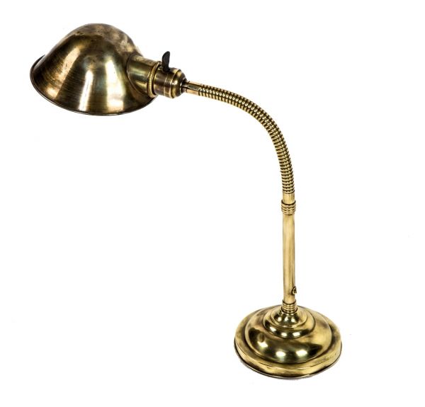restored and rewired early 20th century antique american yellow brass faries desk or table lamp with original rolled rim parabolic shade and gooseneck arm 