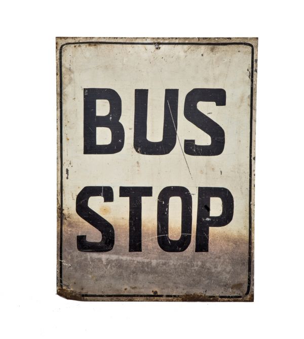 vintage single-sided stamped enameled steel city of chicago "bus stop" city street sign with nicely weathered surface patina and bold black lettering 