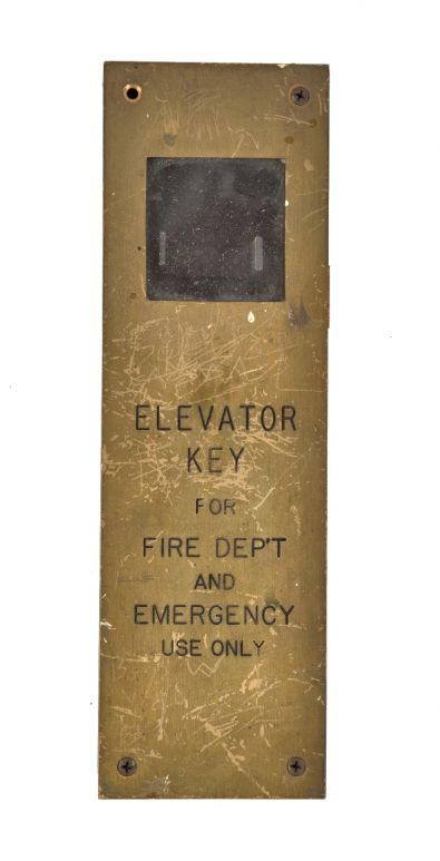 original vintage american industrial salvaged chicago building elevator cab or car cast bronze "emergency key" box with glass panel and incised lettering