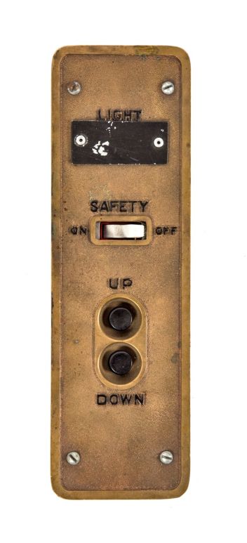 c. 1920's american salvaged chicago factory freight elevator heavy cast bronze cab or call push button box enclosed in a steel case 