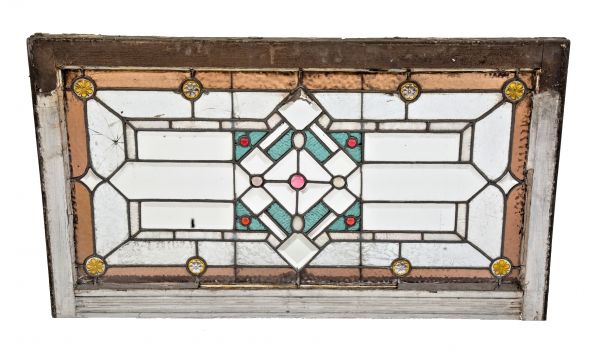 largely intact late 19th century original salvaged chicago architectural leaded art glass residential transom window with beveled glass, jewels, and rare pressed glass rosettes 