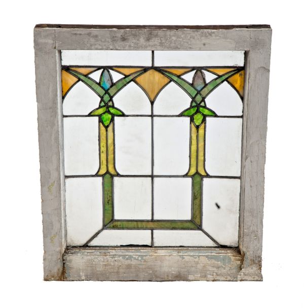 all original and completely intact early 20th century chicago prairie style interior residential architectural leaded glass window with colorful art glass abstract floral motifs  