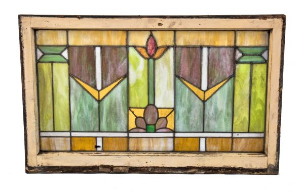 single antique american salvaged chicago prairie school style richly colored residential stained glass transom window with original pine wood sash frame