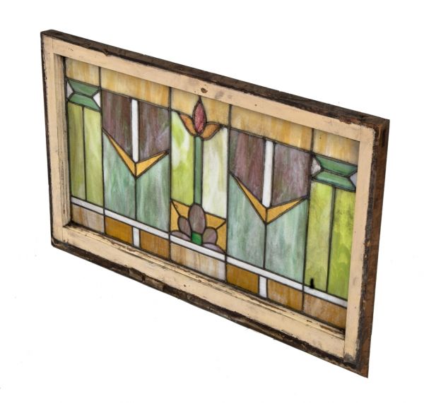 original and intact antique american salvaged chicago prairie school style richly colored chicago bungalow stained glass transom window with varnished wood sash frame