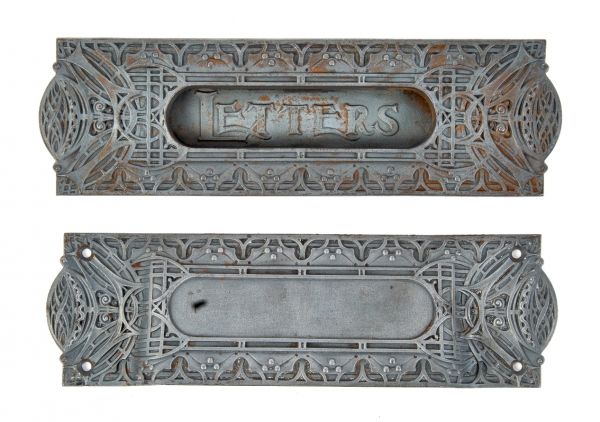 rare museum quality ornamental cast iron louis sullivan-designed guaranty or prudential building interior office door "letters" slot and matching chute with bower-barff finish 