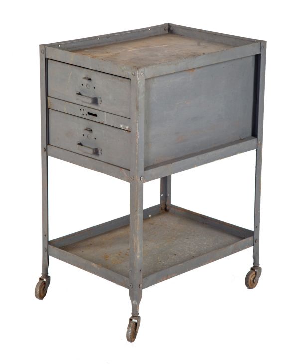 original c. 1940's american vintage industrial double-drawer mobile factory machine shop tool cart or cabinet with undershelf and fully functional bassick casters
