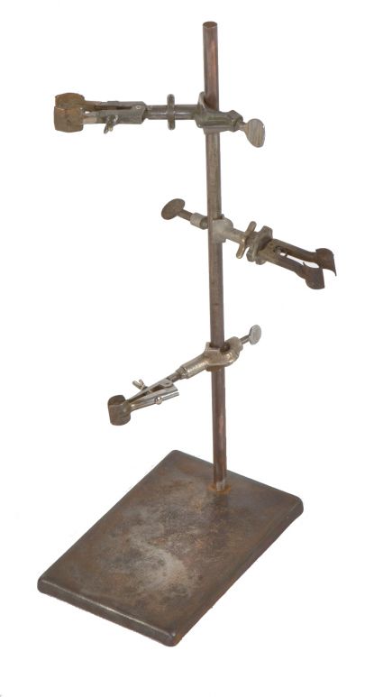 original vintage american salvaged chicago research laboratory cast iron and steel retort stand with three detachable burret clamps 