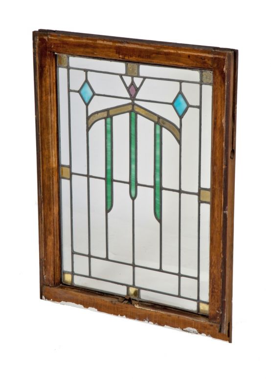 single all original early 20th century salvaged chicago architectural stained or art glass residential bungalow window with original varnished wood sash frame