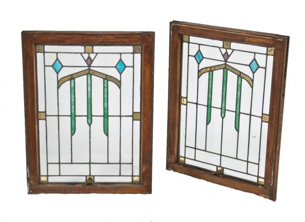 pair of original early 20th century salvaged chicago architectural stained or art glass residential bungalow window with original varnished wood sash frame