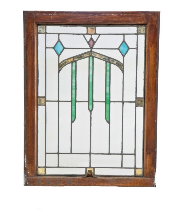 Original early 20th century salvaged chicago architectural stained or art glass residential bungalow window with original varnished wood sash frame