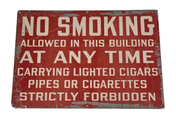 one of two matching chicago wrigley chewing gum factory wall-mount single-sided brightly colored "no smoking" informational signs comprised of steel with enameled red and white paint