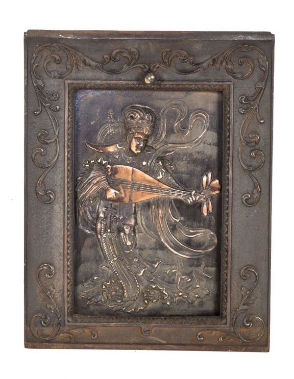 single 19th century antique american salvaged chicago high victorian era copper-plated cast iron figural summer cover with costumed man playing mandolin