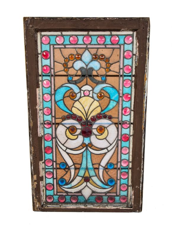 museum quality c. 1880's original salvaged chicago high victorian era la salle street mansion stained glass window with rich colors and several multi-colored faceted jewels 