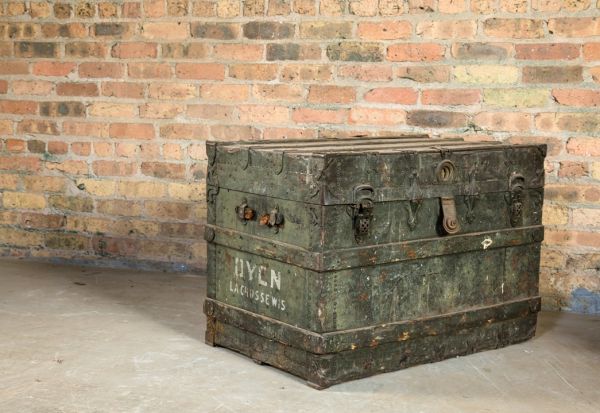 mid to late 19th century lars oyen (odin j. oyen's father) heavily worn traveling wood steamer trunk with hand-painted opposed name in bold white lettering