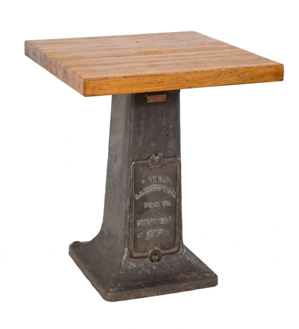 repurposed early 20th century antique american industrial refinished brushed metal cast iron machine base with newly added solid oak wood tabletop 