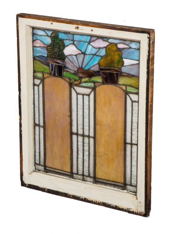 one of two matching early 20th century interior residential salvaged chicago craftsman style richly colored stained glass pastoral or scenic windows