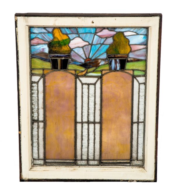 all original early 20th century interior residential salvaged chicago craftsman style richly colored stained glass pastoral or scenic windows with intact wood sash frame 
