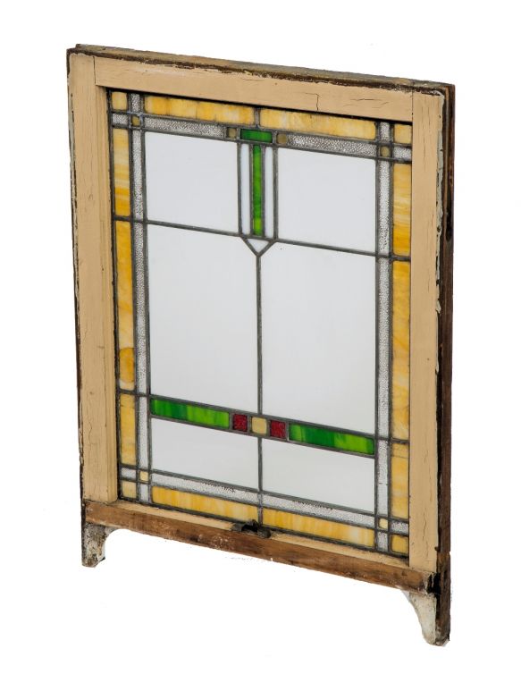 one of two early 20th century antique american interior residential craftsman style leaded art glass window with original wood sash frame 