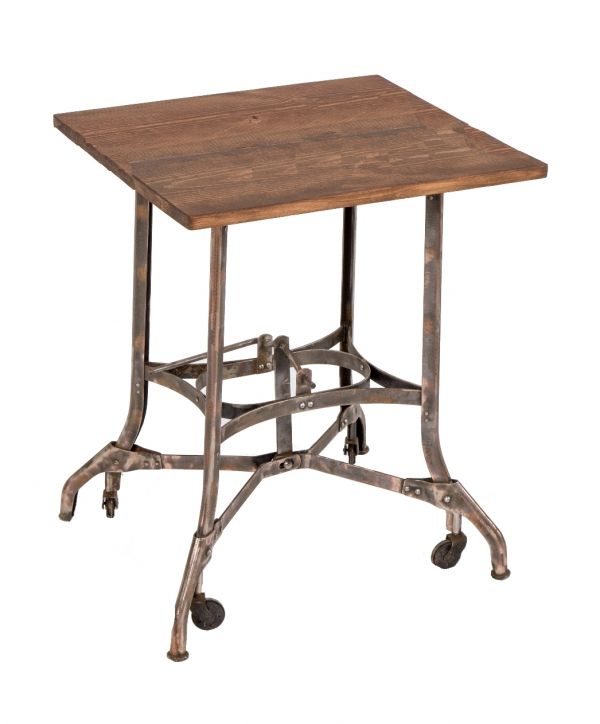 refinished early century "uhl art steel" copper-plated riveted joint steel mobile or stationary factory office typewriter table or desk base with fully functional lever and newly added tabletop