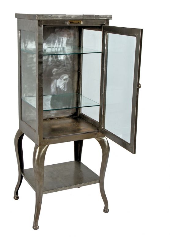 thoroughly refinished early 20th century antique american medical hospital operating room supply cabinet with glass sidelights and undershelf 