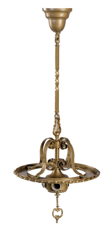 one of several matching rewired c. 1920's spanish revival style ornamental cast and wrought brass masonic temple pendant lights with cluster sockets