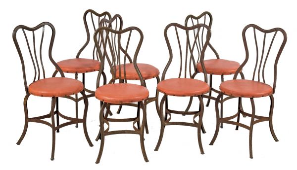 very rare 1903 joseph uhl-designed pressed and folded steel "uhl brothers" soda parlor chairs with original stenciled stamp 
