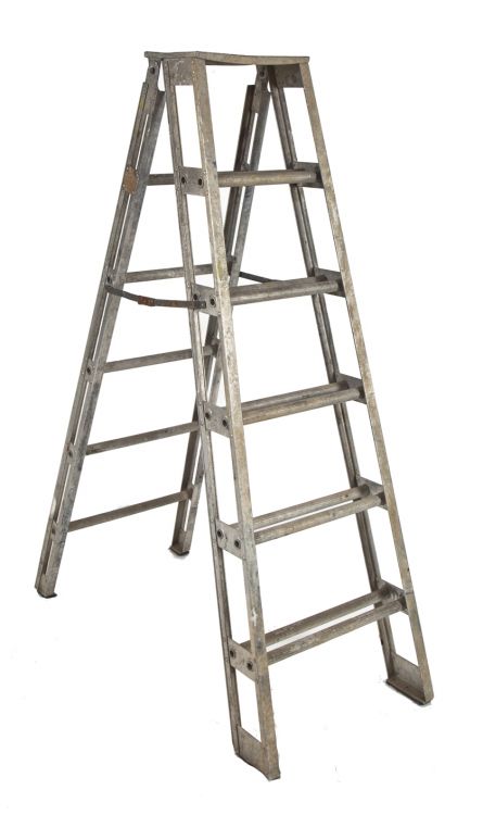 original 20th centurt vintqge american industriual reinforced american folding a-frame chicago public school building engineer's ladder with double rungs 