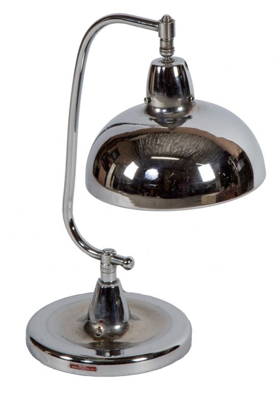 original antique american depression era polished chrome streamlined style adjustable tubular arm chicago jewelers "apollo" lamp with weighted base and on/off toggle switch
