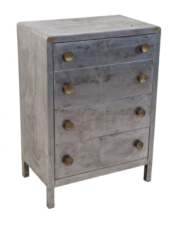 highly desirable american depression era four-drawer streamlined style simmons "fireproof" metal dresser with original cup handles and brushed metal finish 