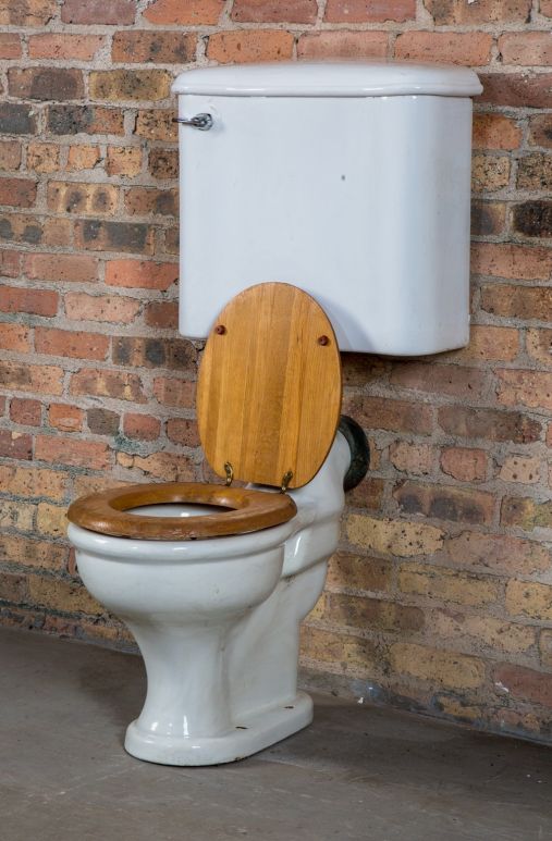 original and functional early 20th century antique american salvaged chicago glazed vitreous porcelain "corsyn" lavatory toilet with oak wood seat  