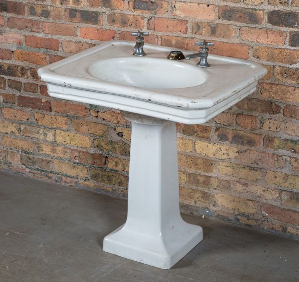 original early 20th century antique american salvaged chicago white glazed vitreous porcelain residential pedestal sink with stepped apron and original cross-arm faucets 
