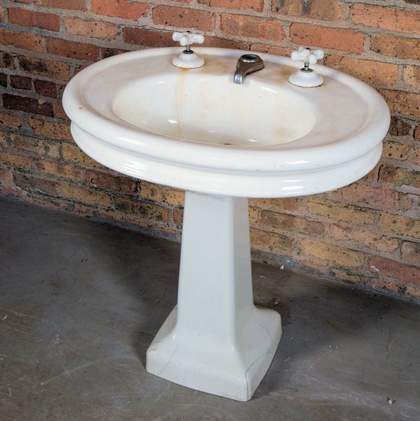 original early 20th antique american salvaged chicago vitreous china lavatory bowl and pedestal base with intact oversized cross-arm cold and hot faucet handles 