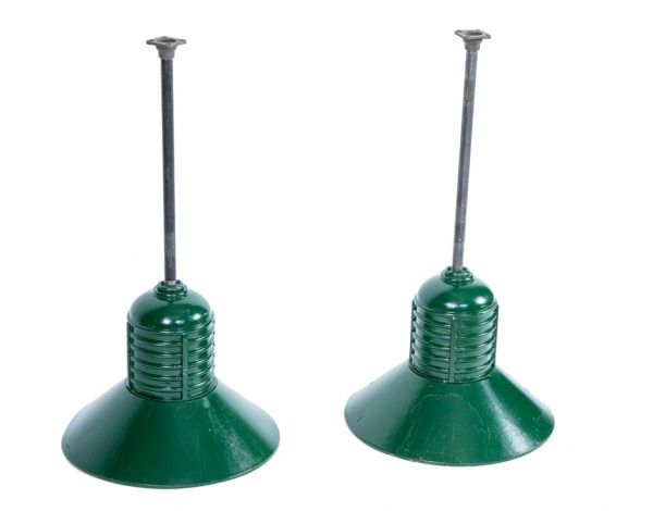 matching set of original vintage american industrial reinforced green enameled steel and/or aluminum custom designed exterior light fixtures from a. finkl & sons foundry 
