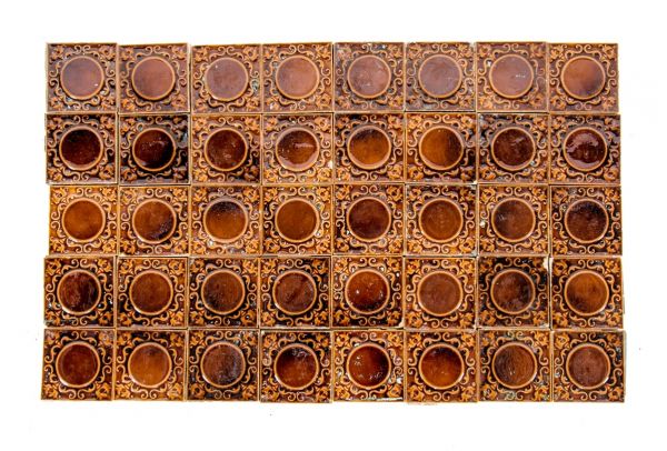 several matching original late 19th or early 20th century antique american victorian era robertson 3 x 3 residential fireplace tiles with richly colored finish