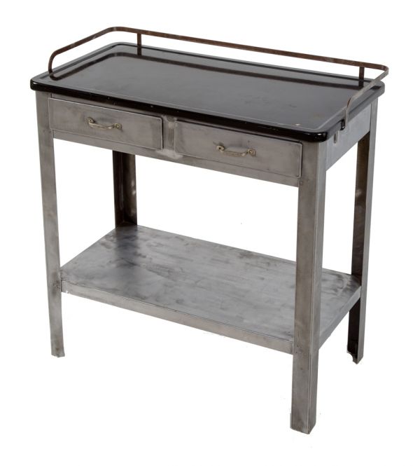 refinished early 20th century antique american medical stationary brushed metal hospital room side table with two pull-out drawers and intact black porcelain enameled sanitary top 