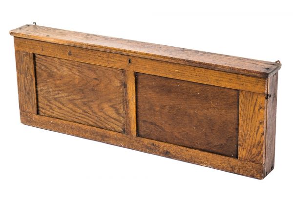 late 19th or early 20th century antique american varnished oak wood drop-down map or poster case with intact metal clips for mounting flush against wall 