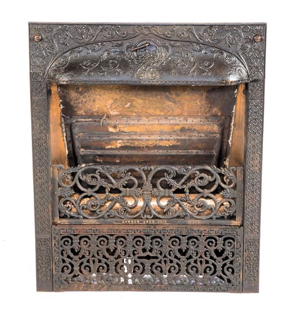 highly sought after and richly ornamented cast iron dawson brothers salvaged chicago interior residential fireplace insert with oxidized copper-plated finish  