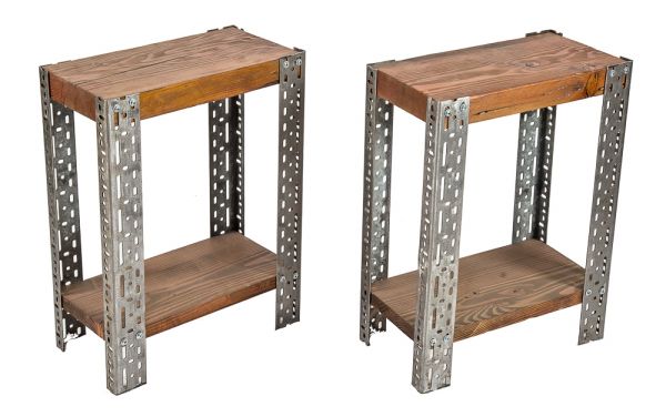 matching set of repurposed c. 1940's vintage american industrial "slotted" acme steel and varnished wood two-tier side tables 