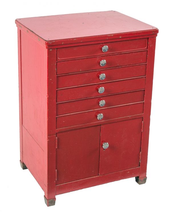 unusual early 20th century antique american freestanding industrial multi-drawer red enameled hardwood typeset cabinet with cast bronze feet  