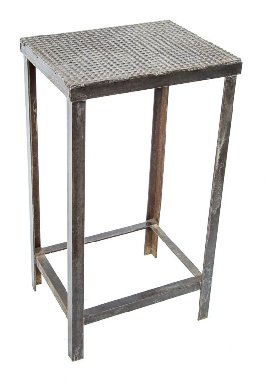 robust american depression era brushed metal four-legged salvaged chicago industrial machine shop work table or stand with distinctive textured  top