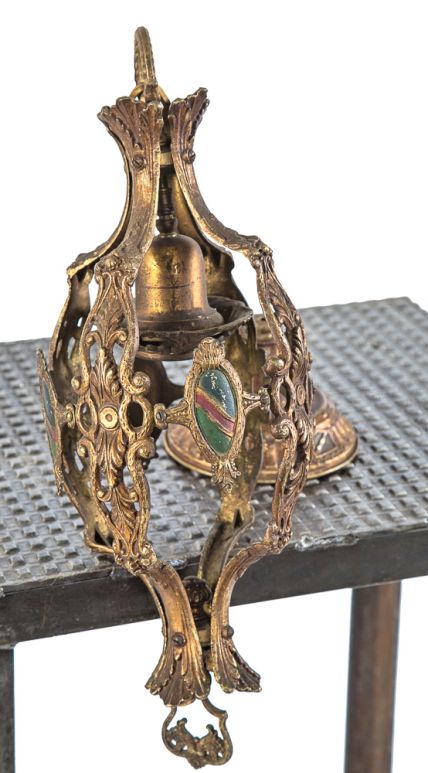 early 20th century original and intact polychromed ornamental cast brass interior residential salvaged chicago pendant light fixture with original canopy and finial  