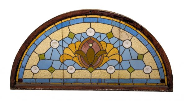 original and intact 19th century oversized antique american victorian era interior residential stained glass arch top window or lunette with intact wood sash frame 