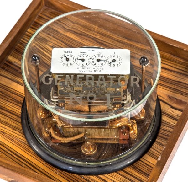 museum quality original and completely intact type d "generator 1" beveled and etched glass encased sangamo watthour meter from commercial building switchboard